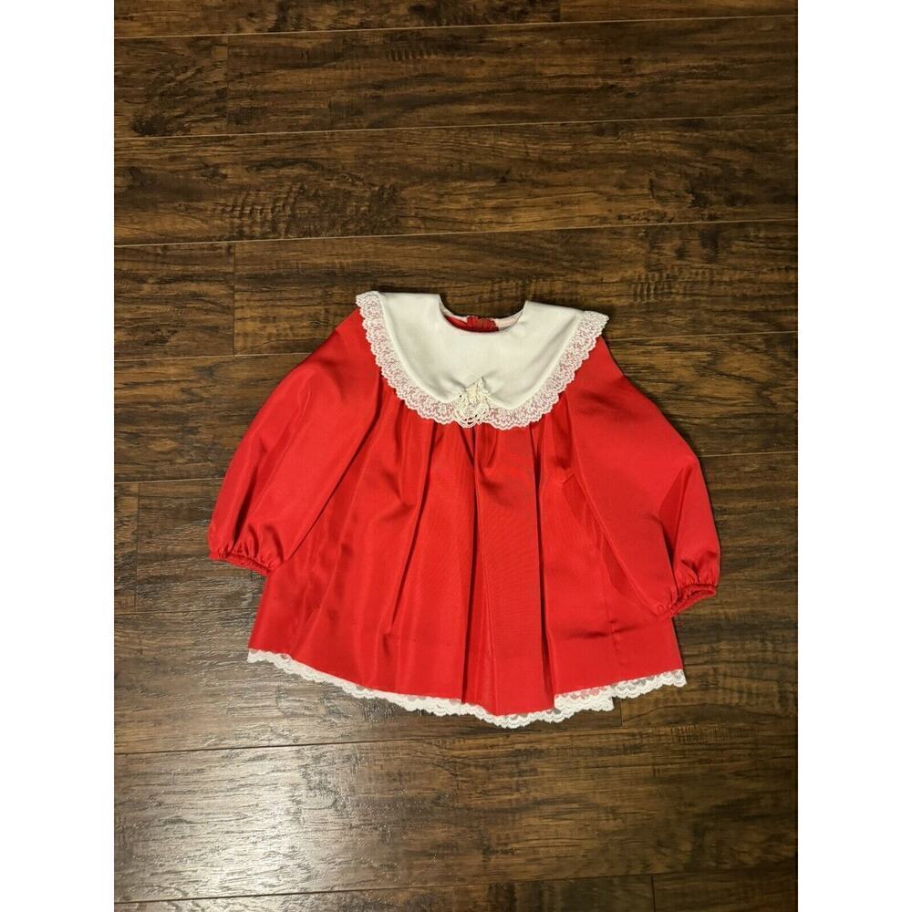 Vintage RUTH OF CAROLINA Red Dress with Lace Collar Accents Size 2T Girls